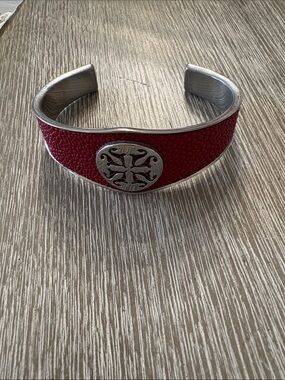Rustic Cuff Red Textured Metal Cuff Bracelet with Silver Medallion